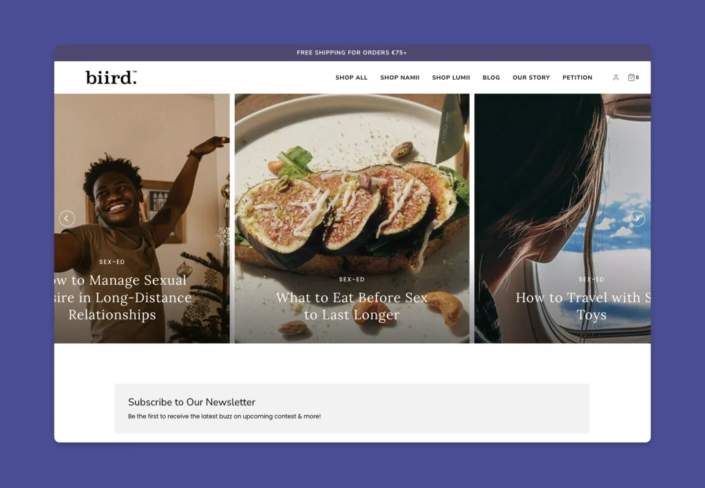 Shopify homepage with lifestyle images and featured content