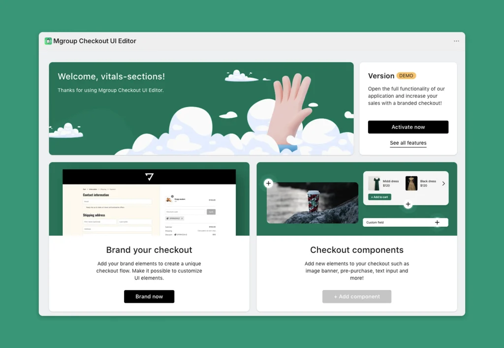 Shopify checkout editor dashboard with customization options