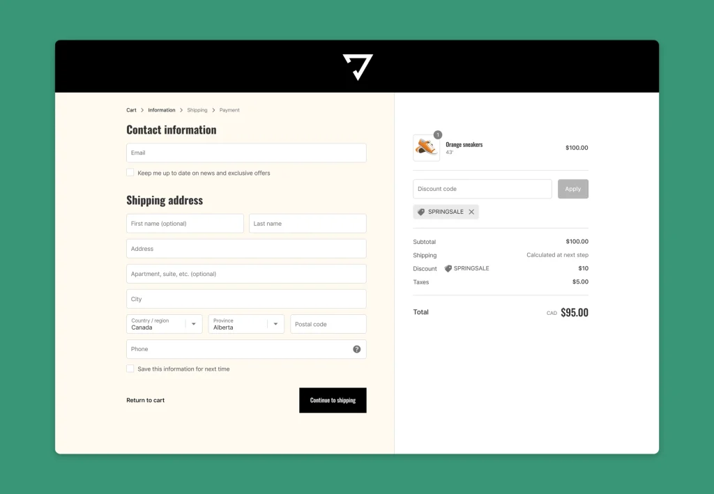 Shopify checkout page with shipping and contact form