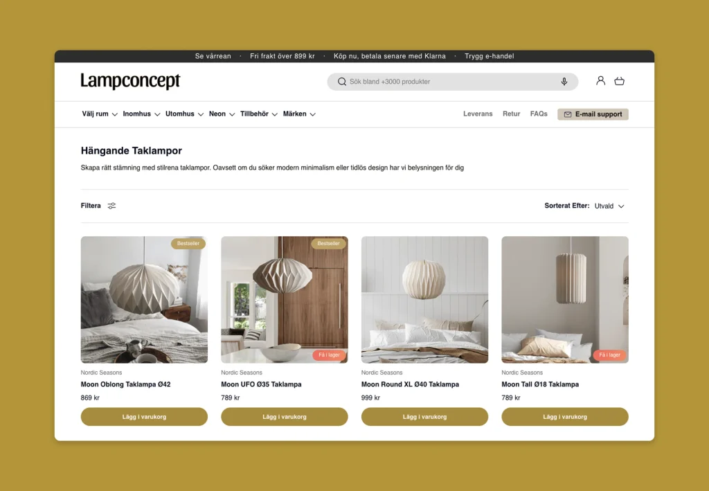 Shopify collection page with lamps and product cards