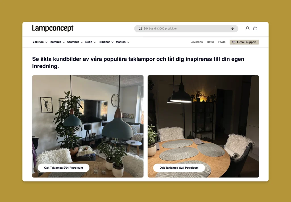 Shopify homepage with interior lifestyle and lamp categories