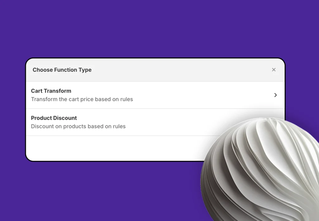 Shopify functions panel with cart transform and product discount options