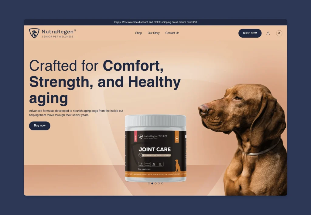 Shopify homepage hero with dog and supplement product