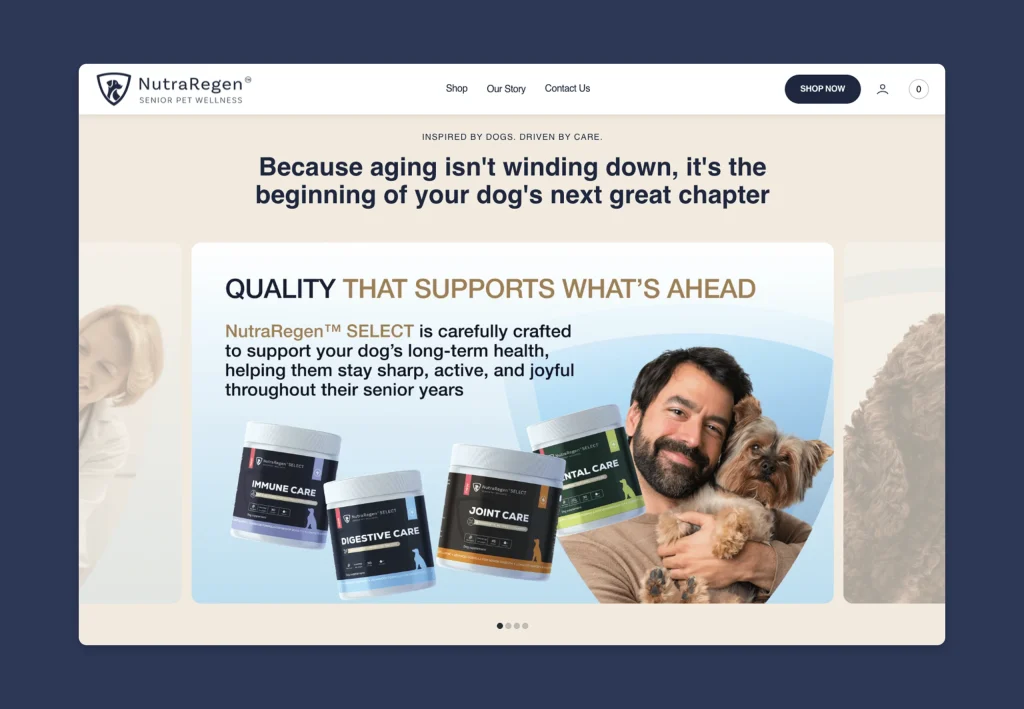 Shopify banner with pet supplements and lifestyle imagery