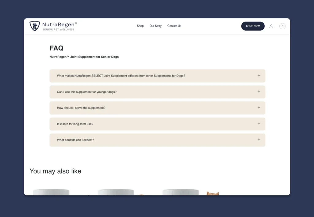 Shopify FAQ section with expandable questions
