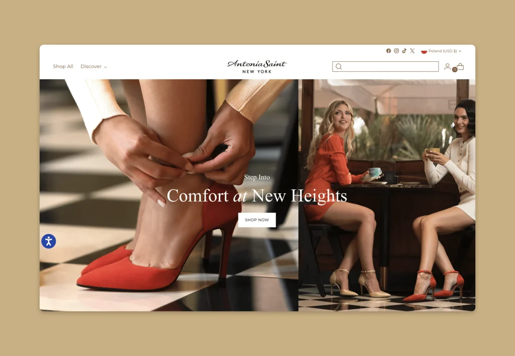 Shopify homepage hero with women’s shoes and lifestyle imagery