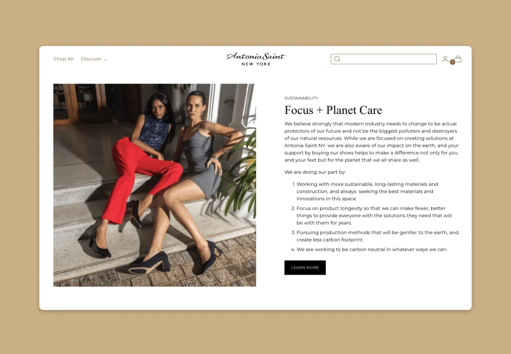 Shopify section with shoes and editorial content