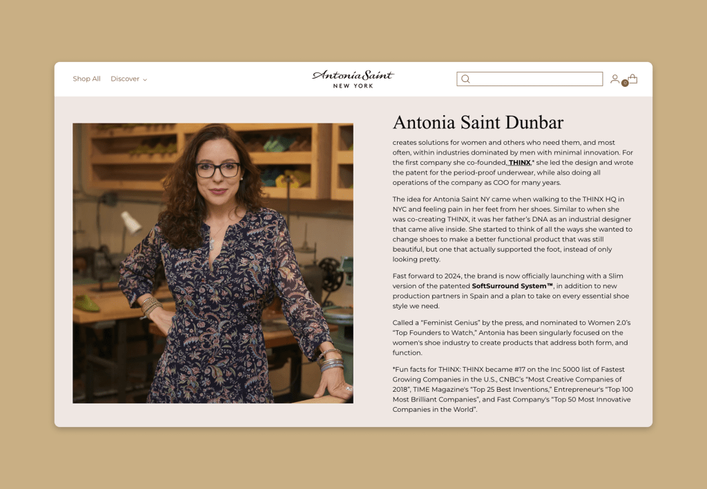 Shopify about section with brand story and image