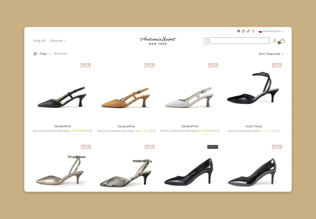 Shopify product grid with various shoe styles