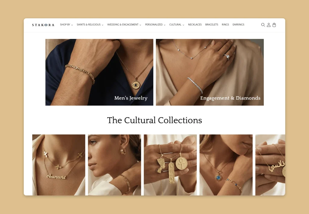 Shopify homepage with jewelry collections and lifestyle images