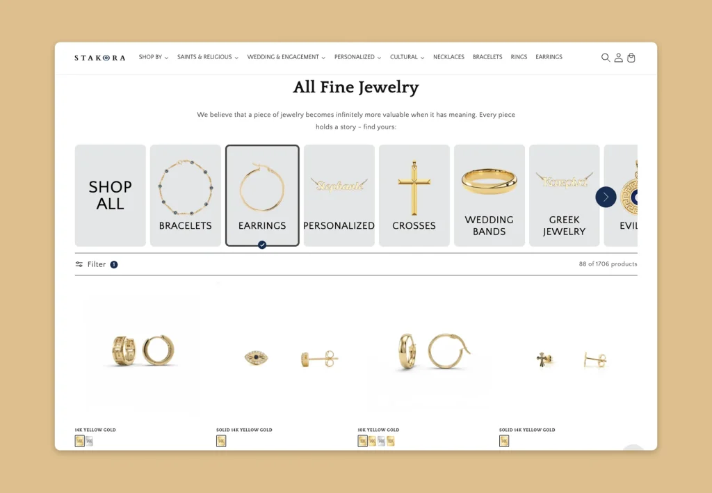 Shopify collection page with jewelry filters and categories