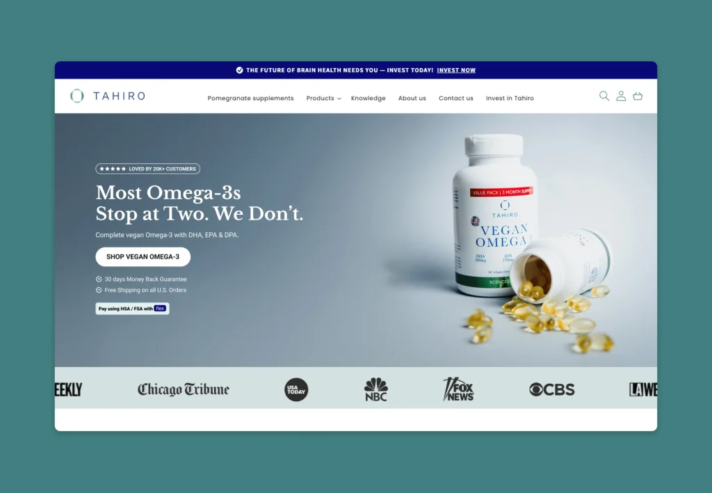 Shopify homepage hero with supplement product and bottle