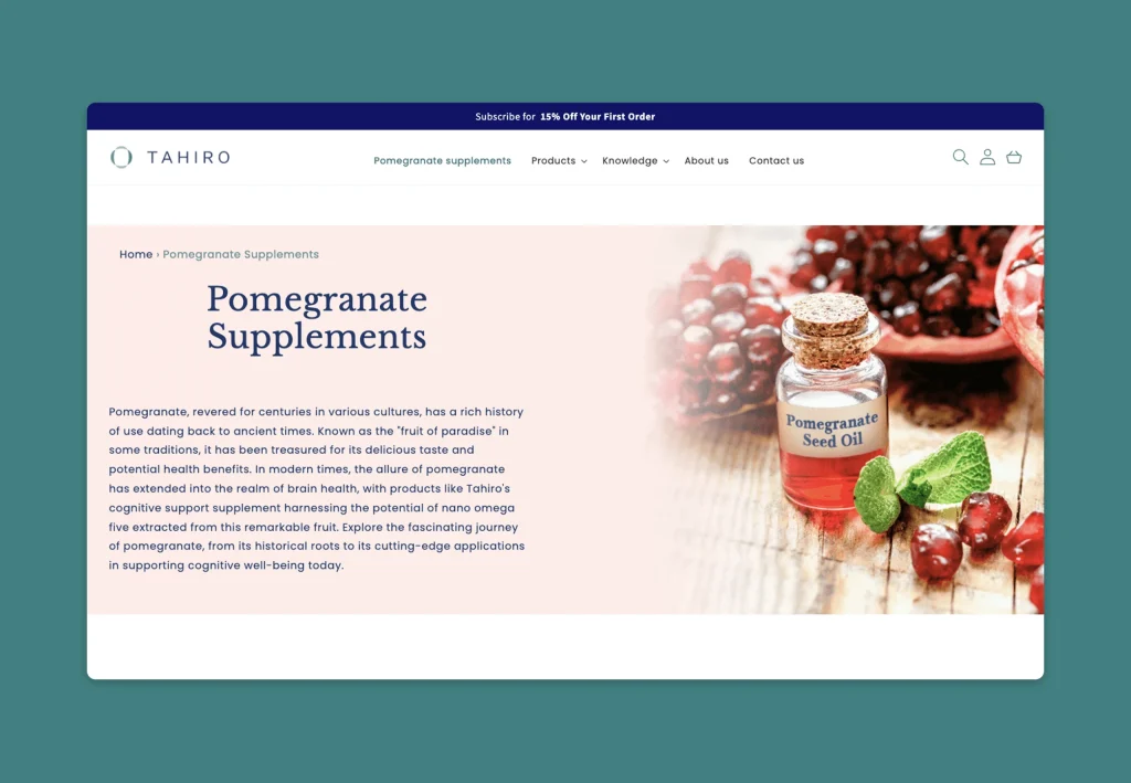 Shopify content section about pomegranate supplements