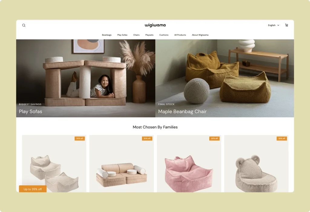 Wigiwama Shopify product listing page