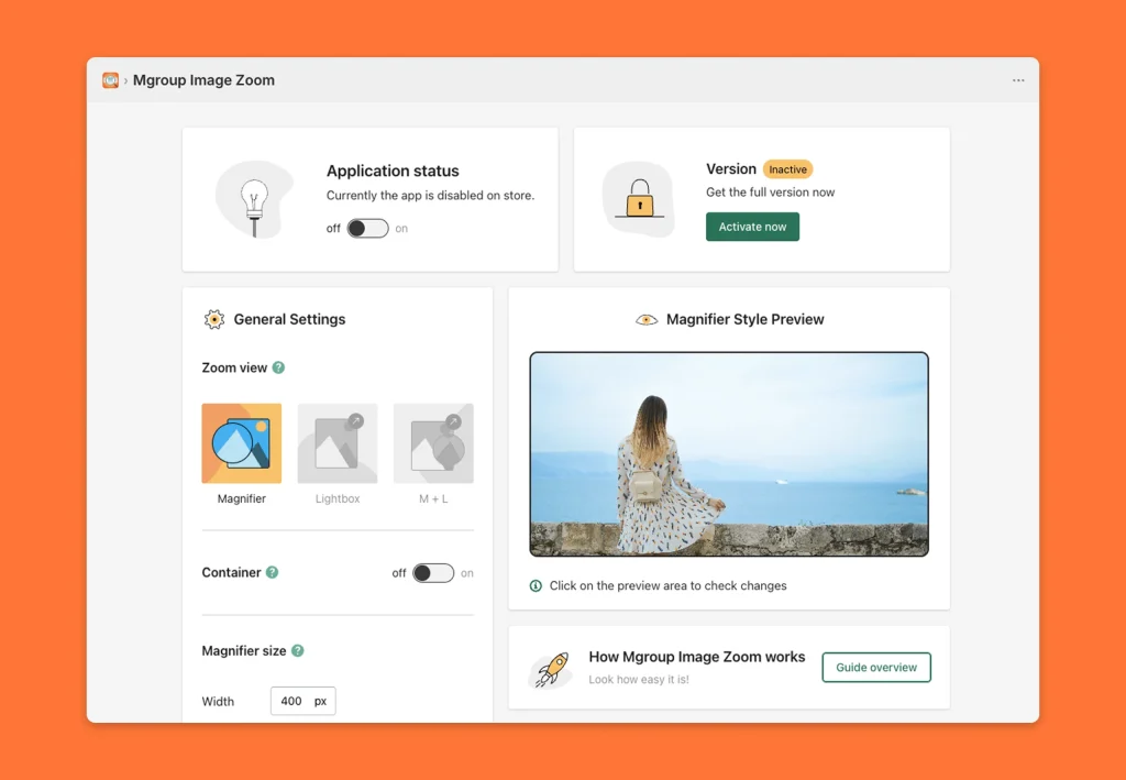 Shopify app dashboard with image zoom settings