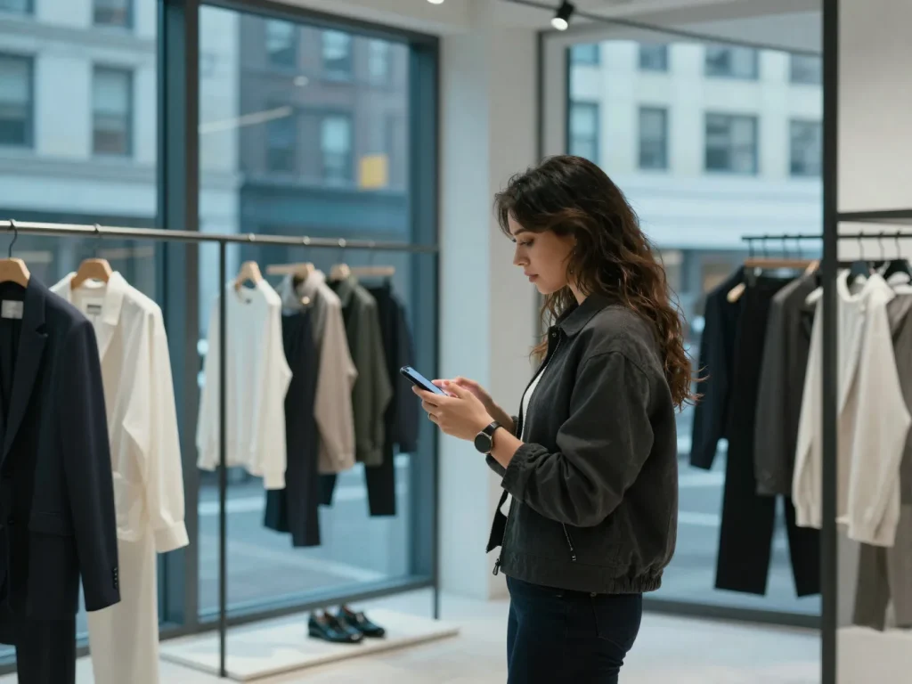 New York fashion brand shopper checking out on a mobile Shopify store