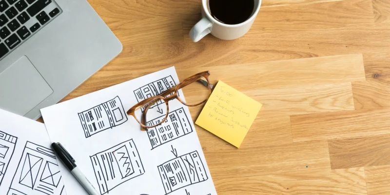 Shopify developer's desk with wireframes when planning a store build