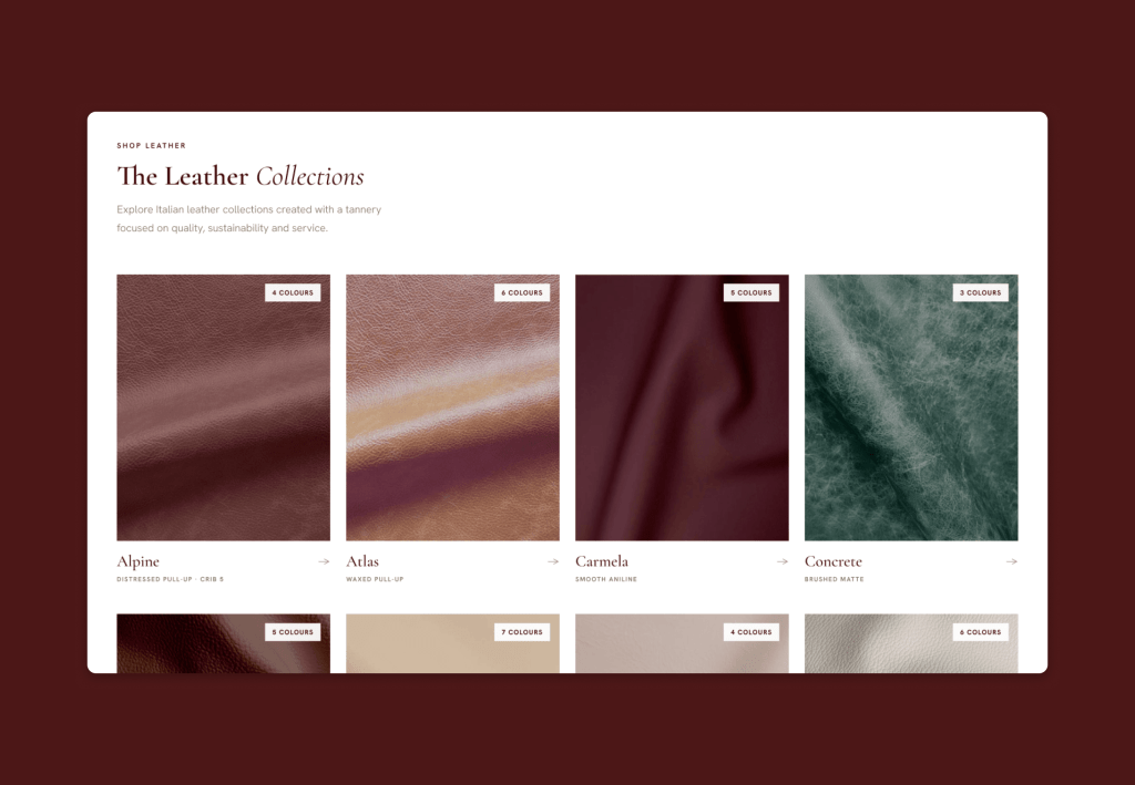 The Leather Collections grid on the Mercer Leathers Shopify store