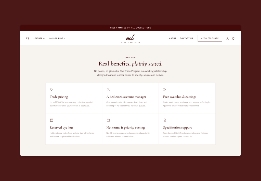 Mercer Leathers trade program benefits - trade pricing, dye-lots, Net-30 terms