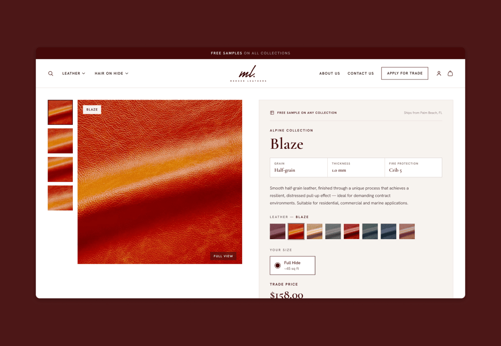 Blaze product page with grain, thickness and fire rating above the description