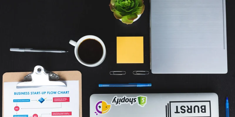 Desk flatlay with a business start-up flow chart and a laptop with a Shopify sticker
